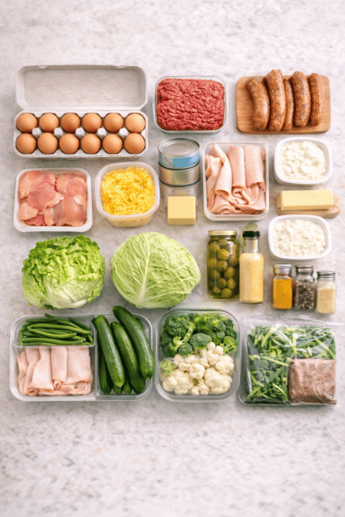 A selection of cheap keto items from a grocery list on a table