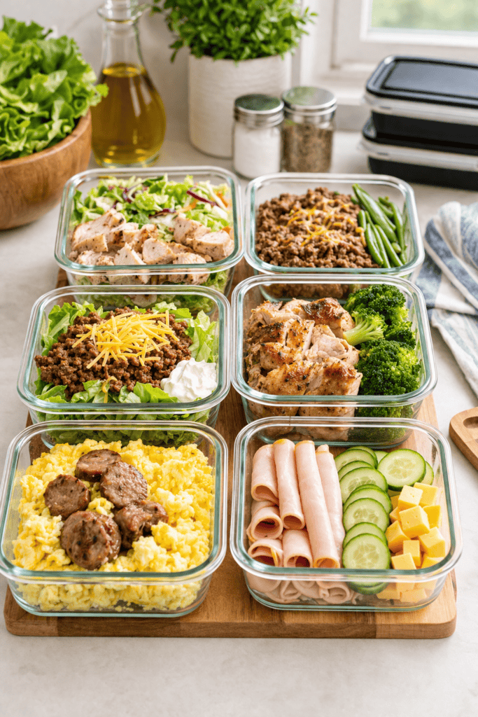 Cheap lazy keto beginner foods and meal plan setup on a kitchen counter