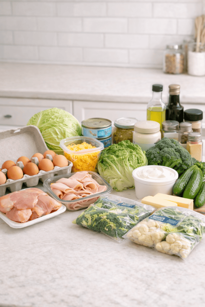 Budget keto grocery list staples arranged on a kitchen counter