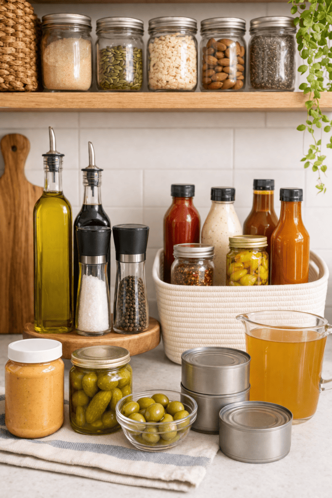 Budget keto pantry staples organized on a shelf and countertop