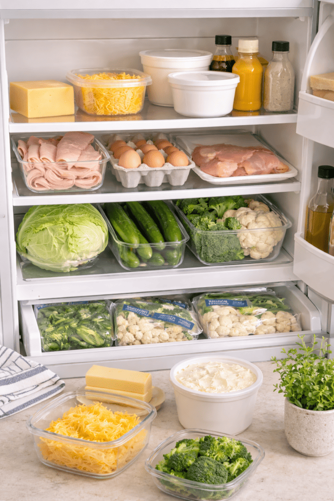 Budget keto fridge staples organized for easy meal planning